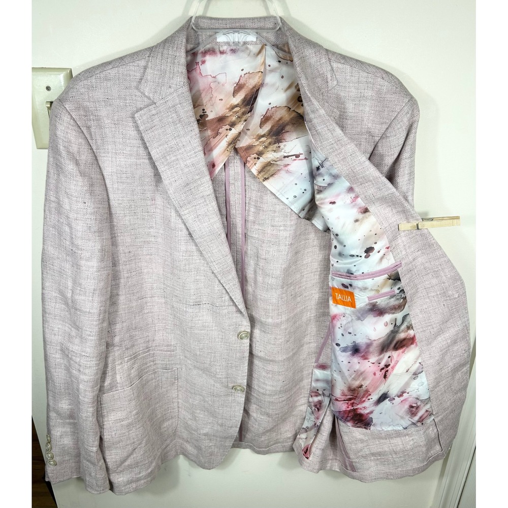 Tallia Sport Coat Men 46R Pink Linen Blazer Watercolor Lining Dapper Preppy Luxe